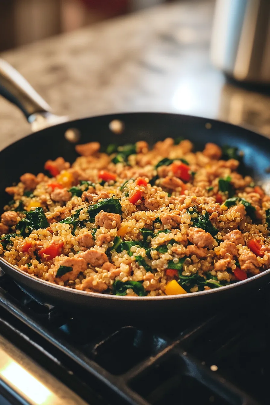Savory ground turkey and quinoa skillet with colorful vegetables and herbs.