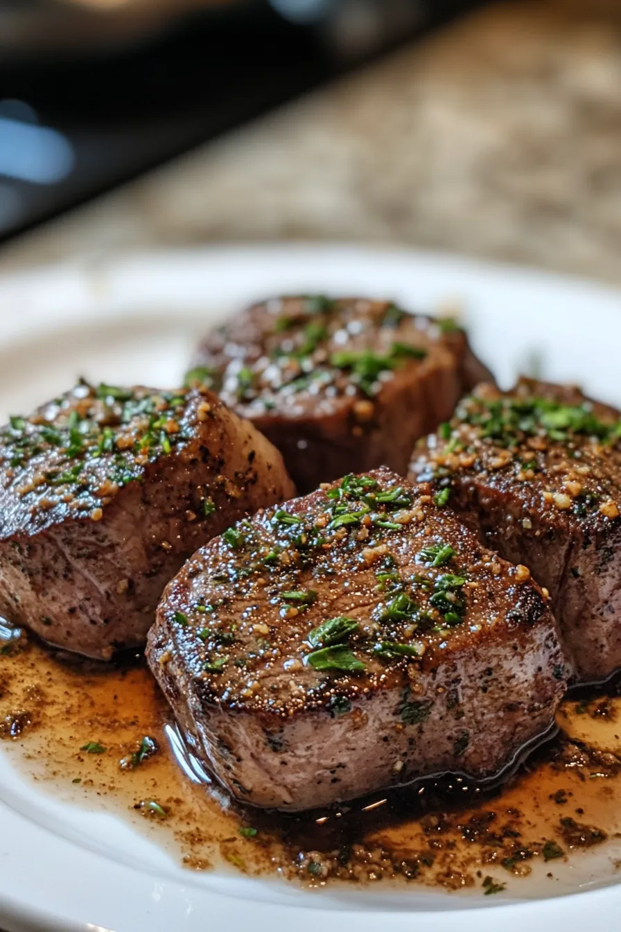 Herb-crusted beef medallions served with a side of roasted vegetables on a white plate.