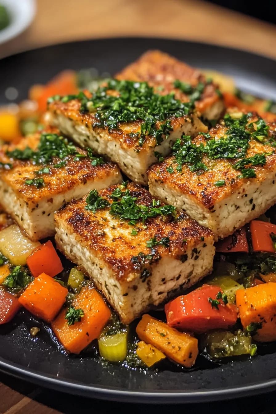 Herb-crusted tofu slices with roasted seasonal vegetables on a rustic plate.