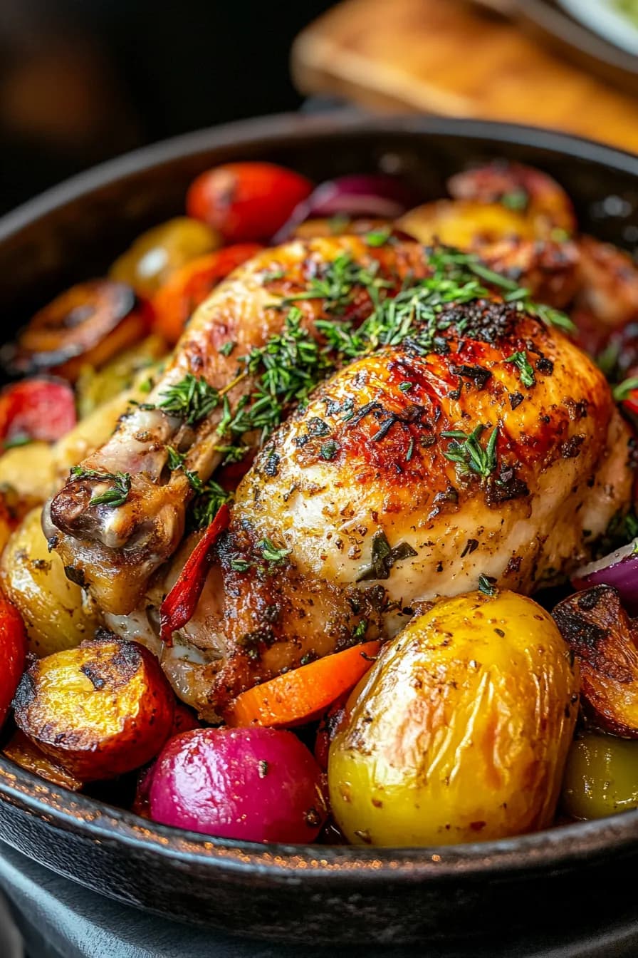 Golden-brown herb-roasted chicken nestled with vibrant seasonal vegetables in a rustic pan.