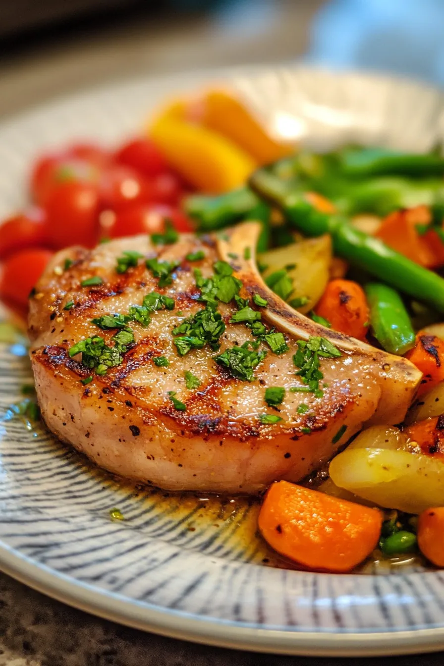 Golden seared pork chops nestled among colorful seasonal vegetables in a large skillet.