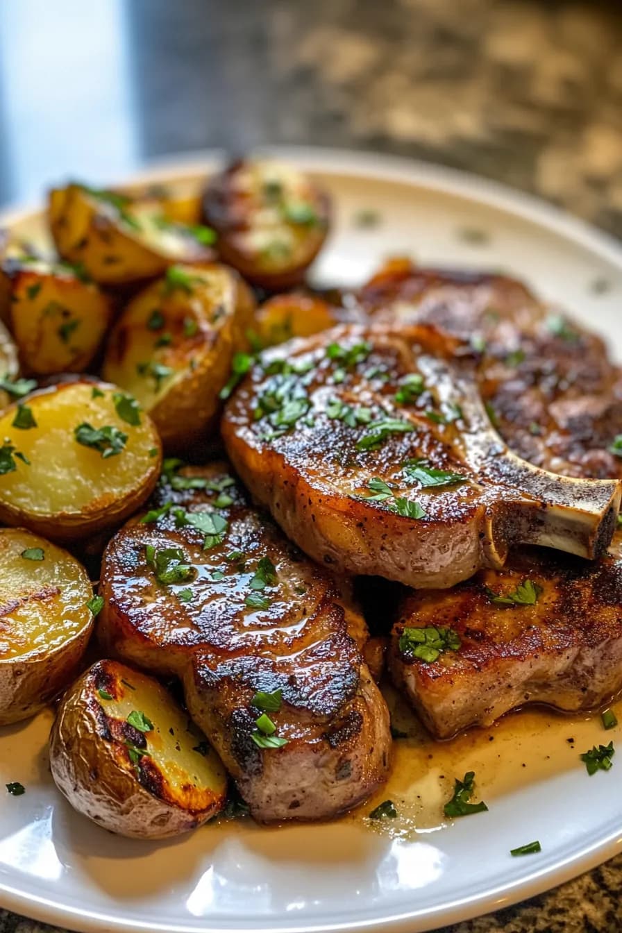 Golden seared pork chops nestled among rosemary-infused potatoes in a rustic cast iron skillet.