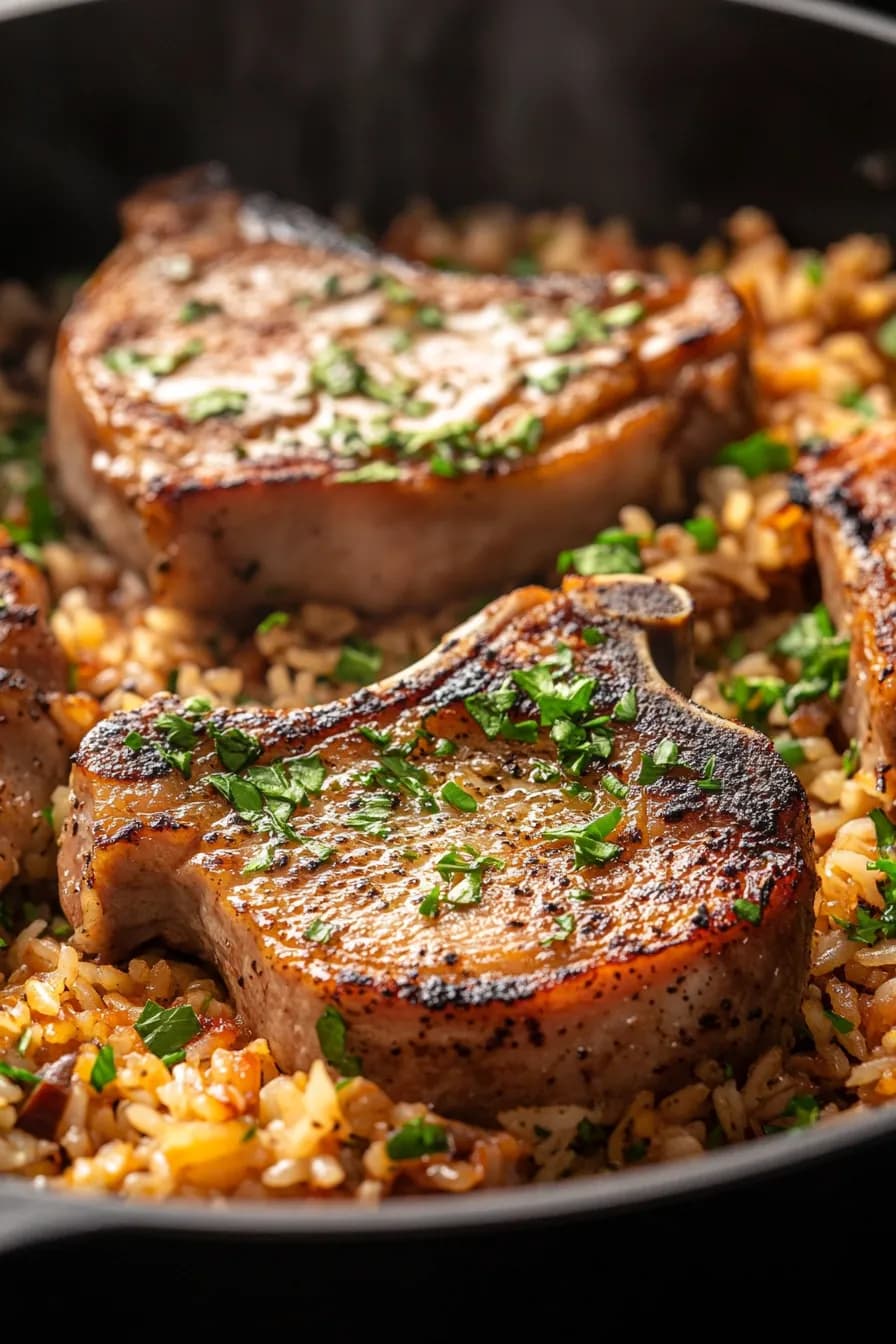 Tender pork chops nestled in a bed of fluffy rice with herbs and vegetables in a rustic pot.