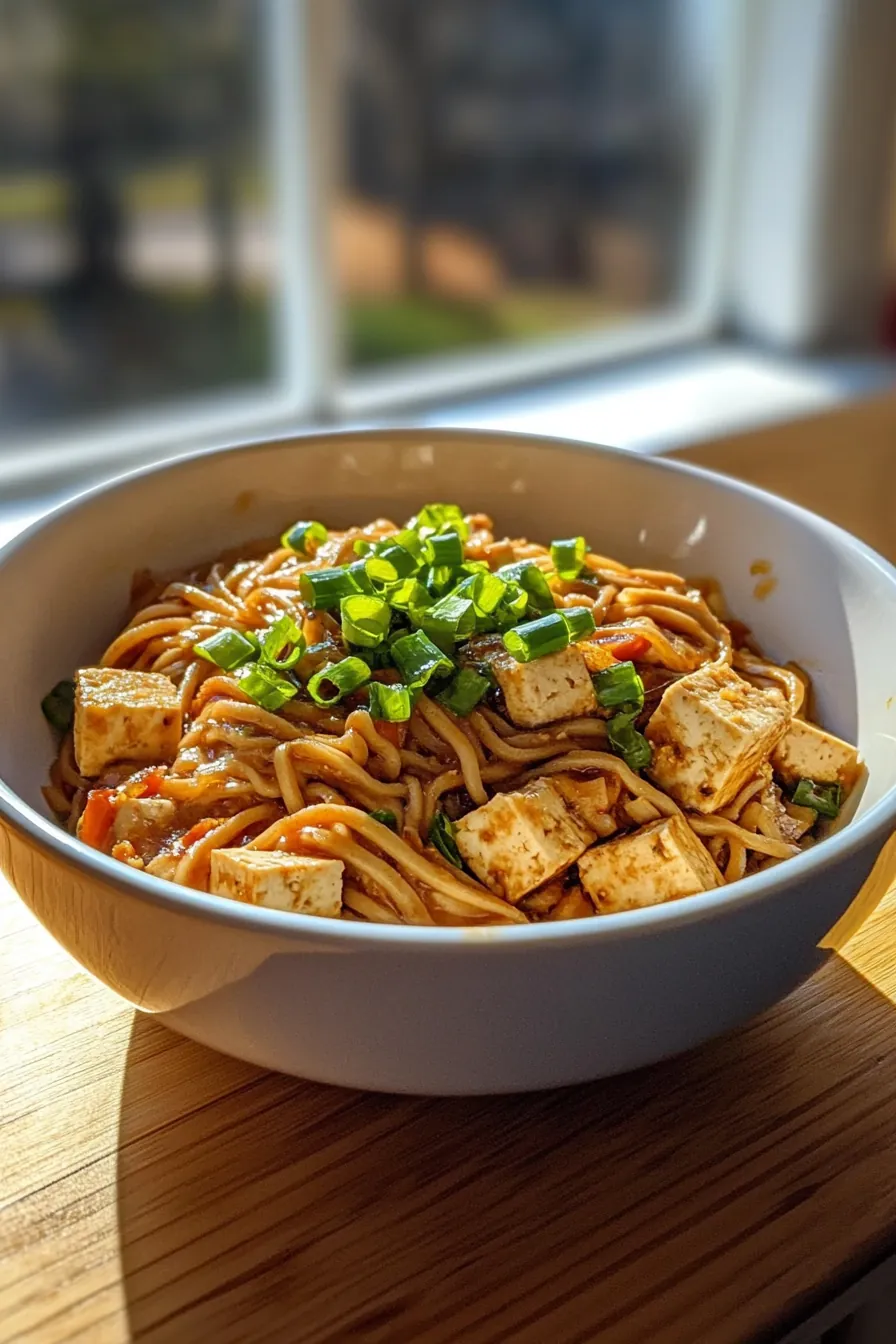 A steaming bowl of one pot tofu noodles with fresh greens and a hint of ginger.