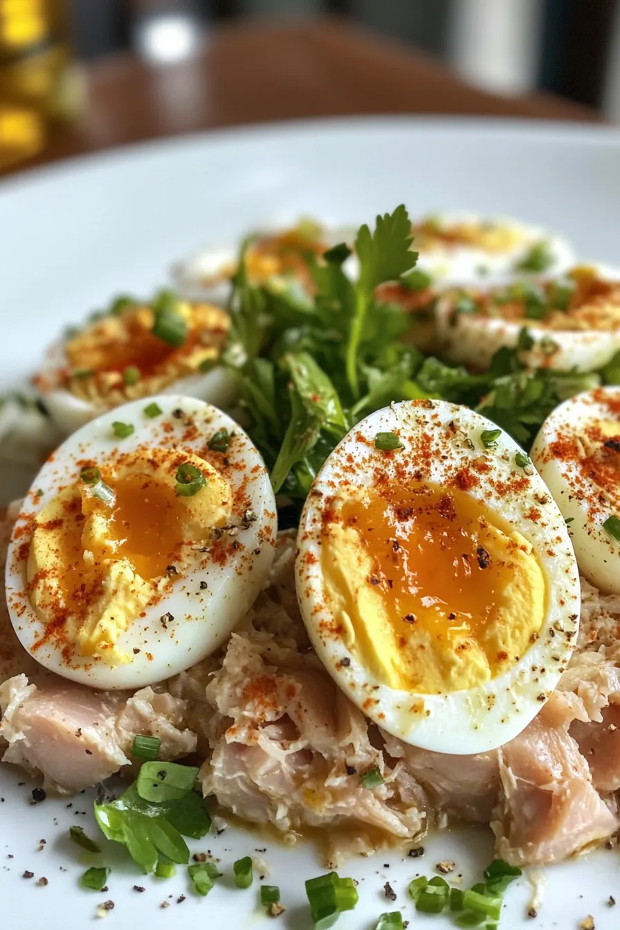 A vibrant dish of tuna and egg garnished with fresh herbs.