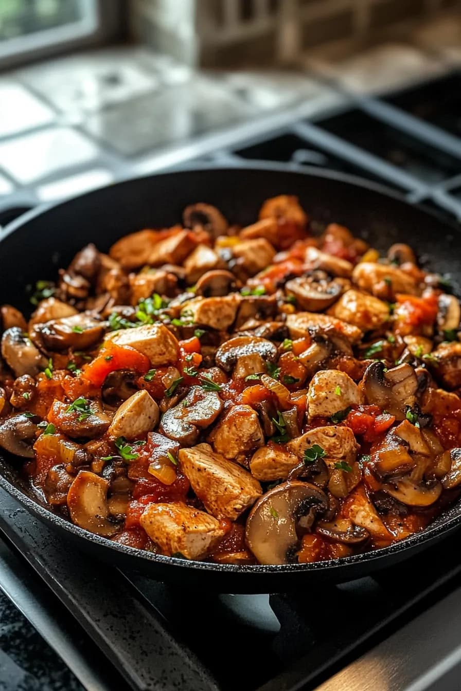 Savory turkey and mushroom skillet with golden-brown turkey pieces and sliced mushrooms in a rich sauce.