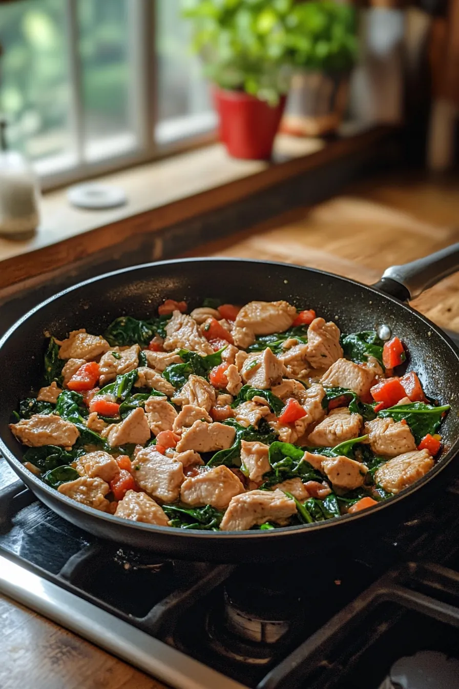 A vibrant turkey and spinach skillet with fresh herbs, ready to serve.