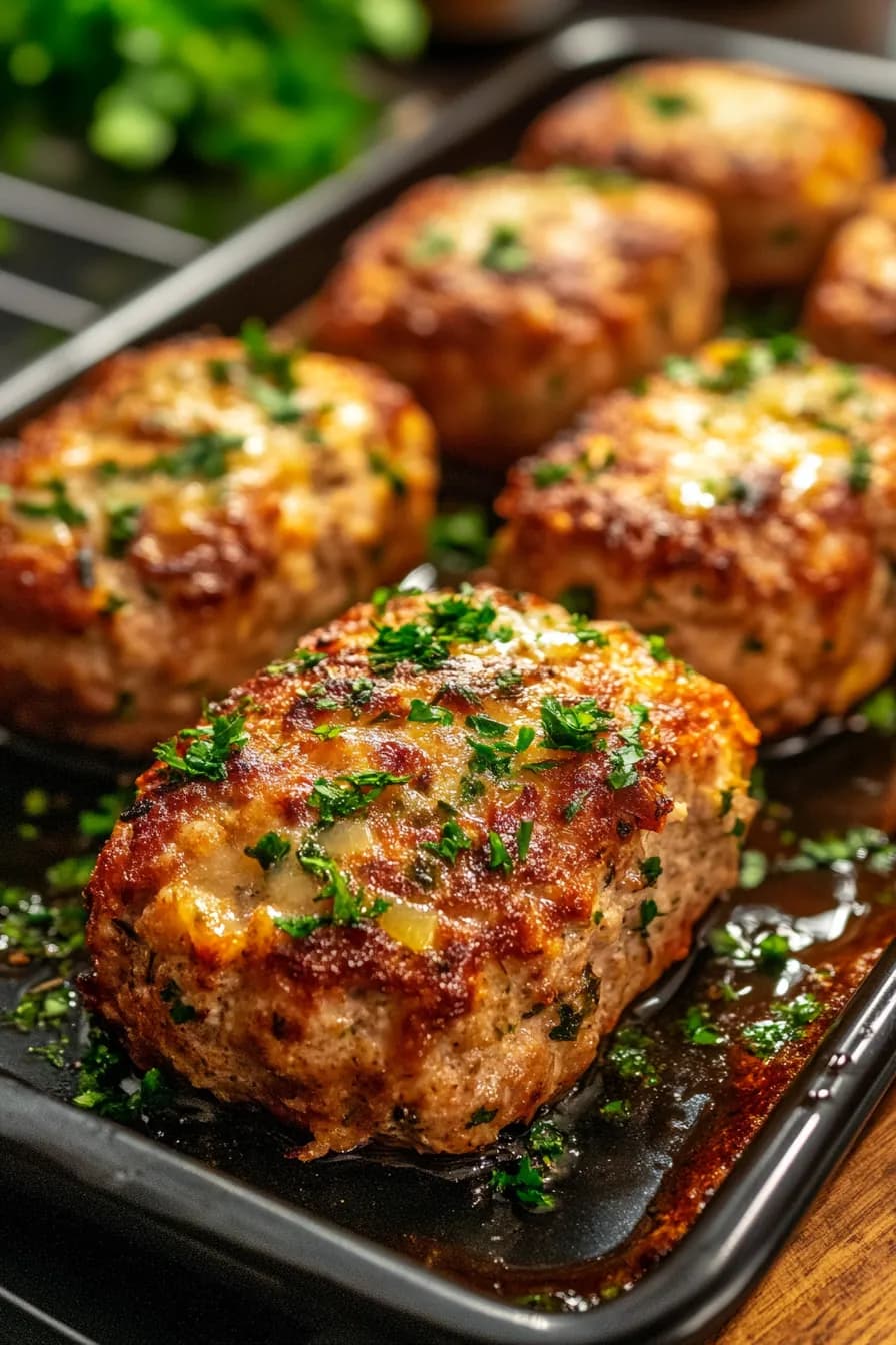 Golden-browned turkey and veggie mini meatloaves topped with a tangy glaze on a white platter.