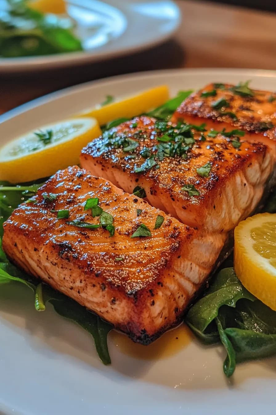 Perfectly seared salmon with a citrus glaze served alongside a bed of fresh spring greens.