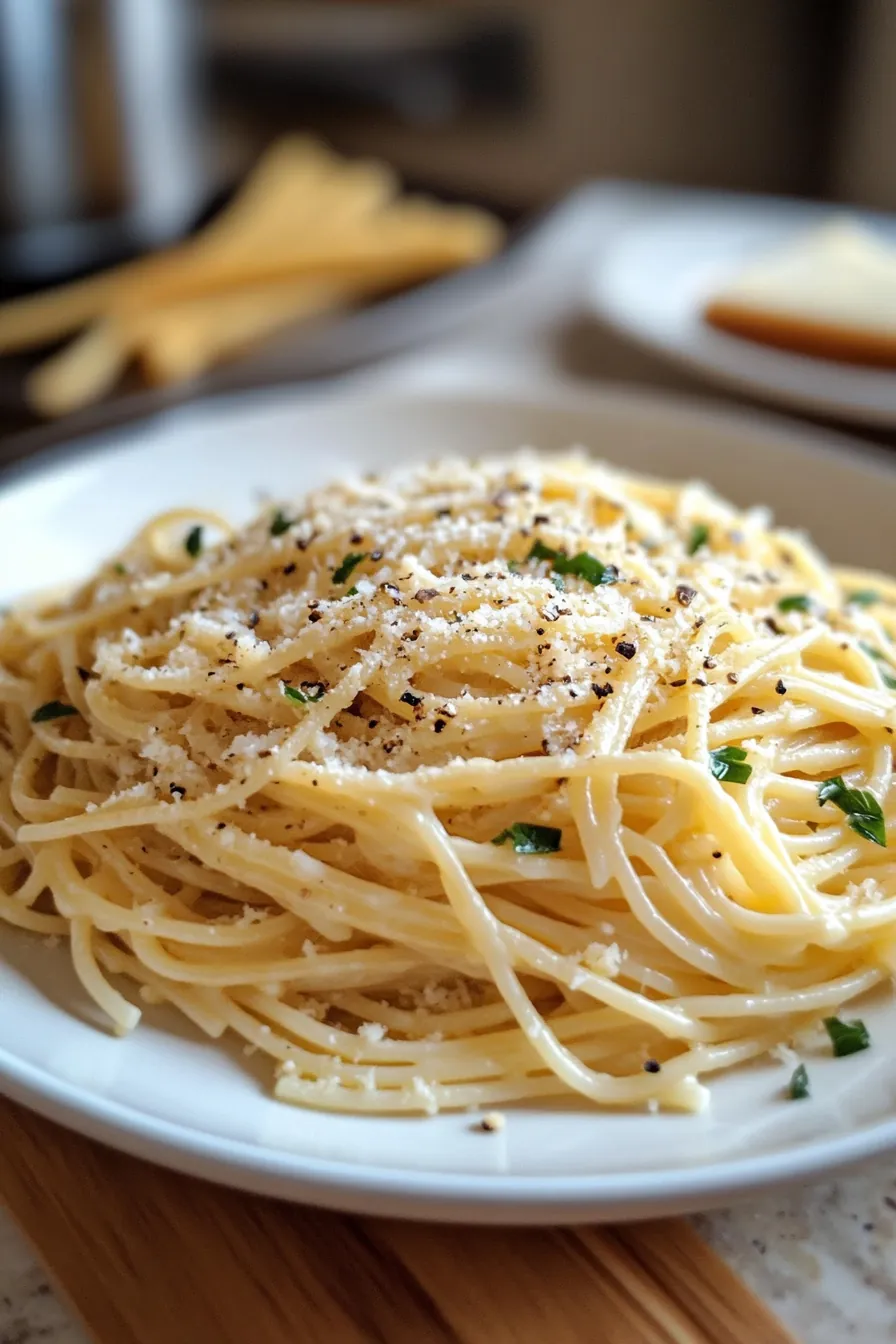A bowl of garlic butter pasta topped with fresh parsley and grated Parmesan.
