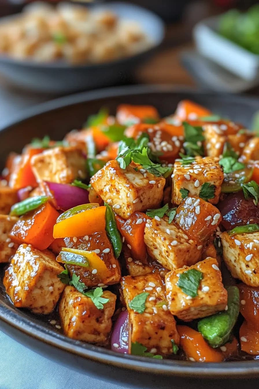 Golden sesame-crusted tofu cubes atop a vibrant bed of rainbow vegetables.