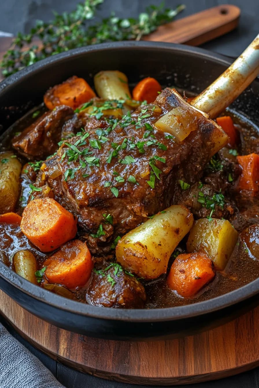 Tender lamb shank cooked with seasonal root vegetables in a slow cooker.