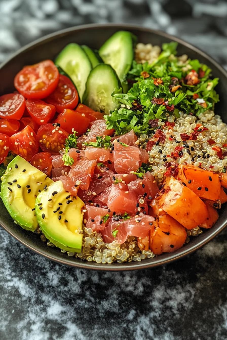 A vibrant tuna and quinoa bowl garnished with fresh herbs and lemon slices.
