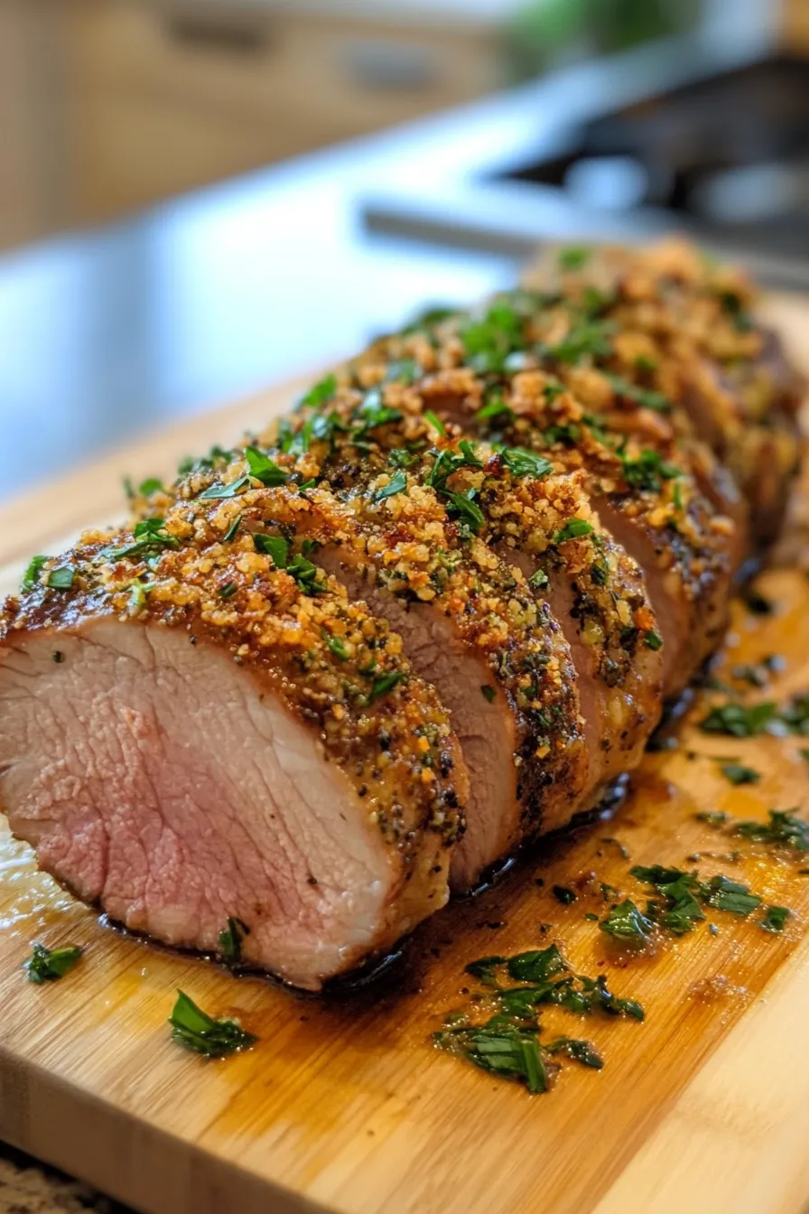 Herb-crusted pork tenderloin sliced on a wooden board, garnished with fresh herbs.