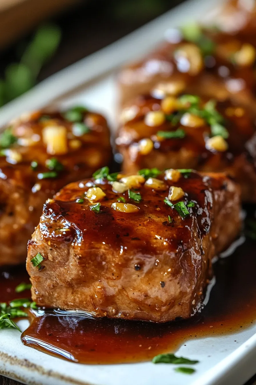 Sliced pork tenderloin drizzled with a glossy honey garlic glaze, garnished with fresh thyme sprigs.