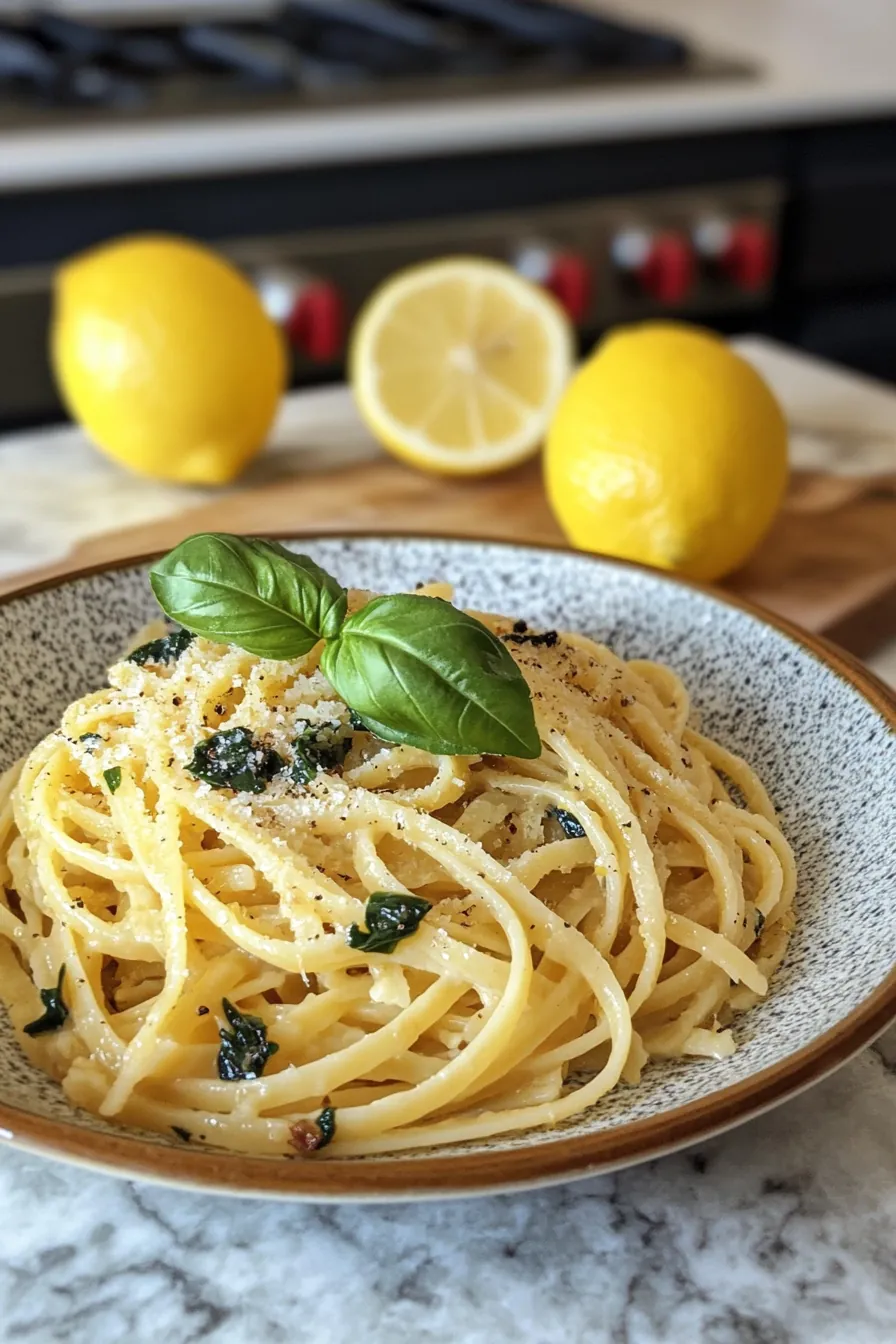 Handmade lemon and basil pasta with grated Parmesan in a rustic serving bowl.