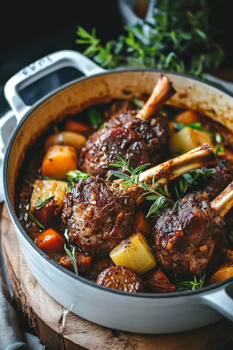 Beautifully braised lamb shanks nestled among colorful seasonal vegetables in a rustic pot.