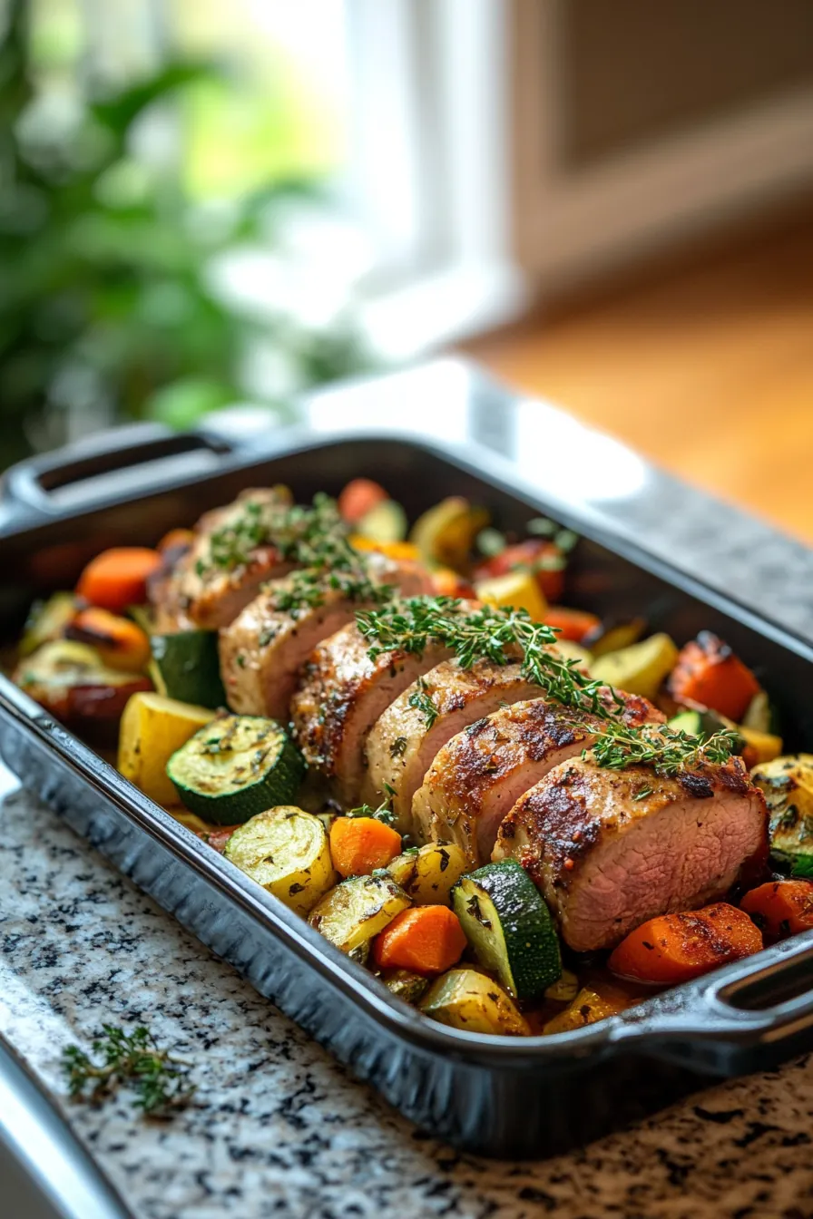 Succulent pork tenderloin nestled with colorful seasonal vegetables in a single pot.