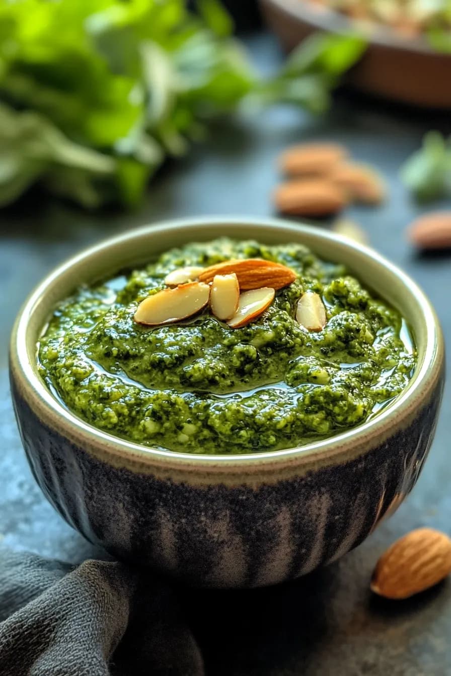 Vibrant green broccoli and smoked almond pesto in a rustic bowl.