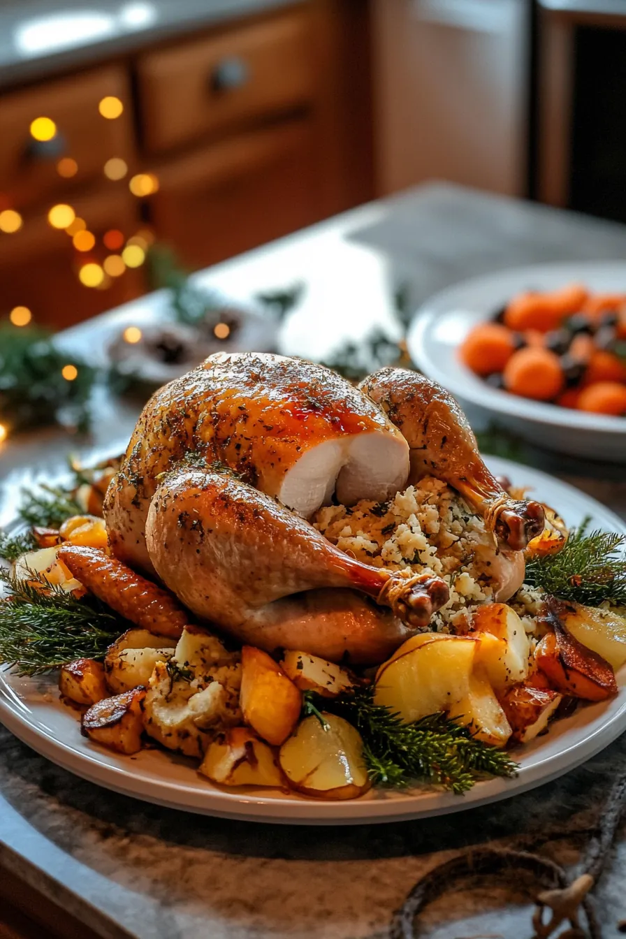 Golden-brown roasted turkey on a festive platter surrounded by garnishes.