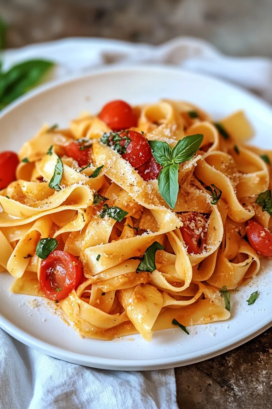 A bowl of colorful garden fresh pasta with seasonal vegetables and herbs.