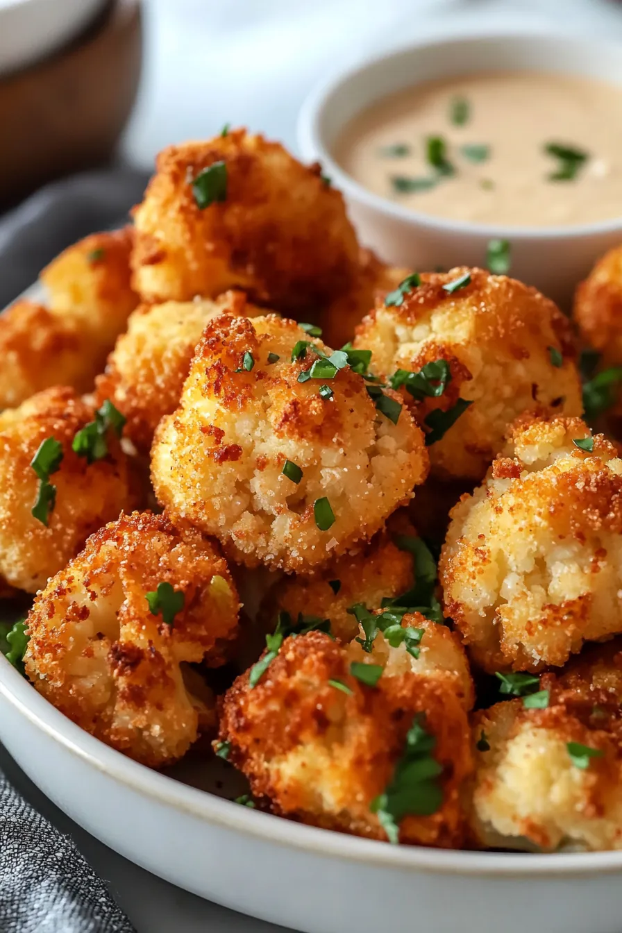 Golden, crispy cauliflower bites served with a side of tangy dipping sauce.