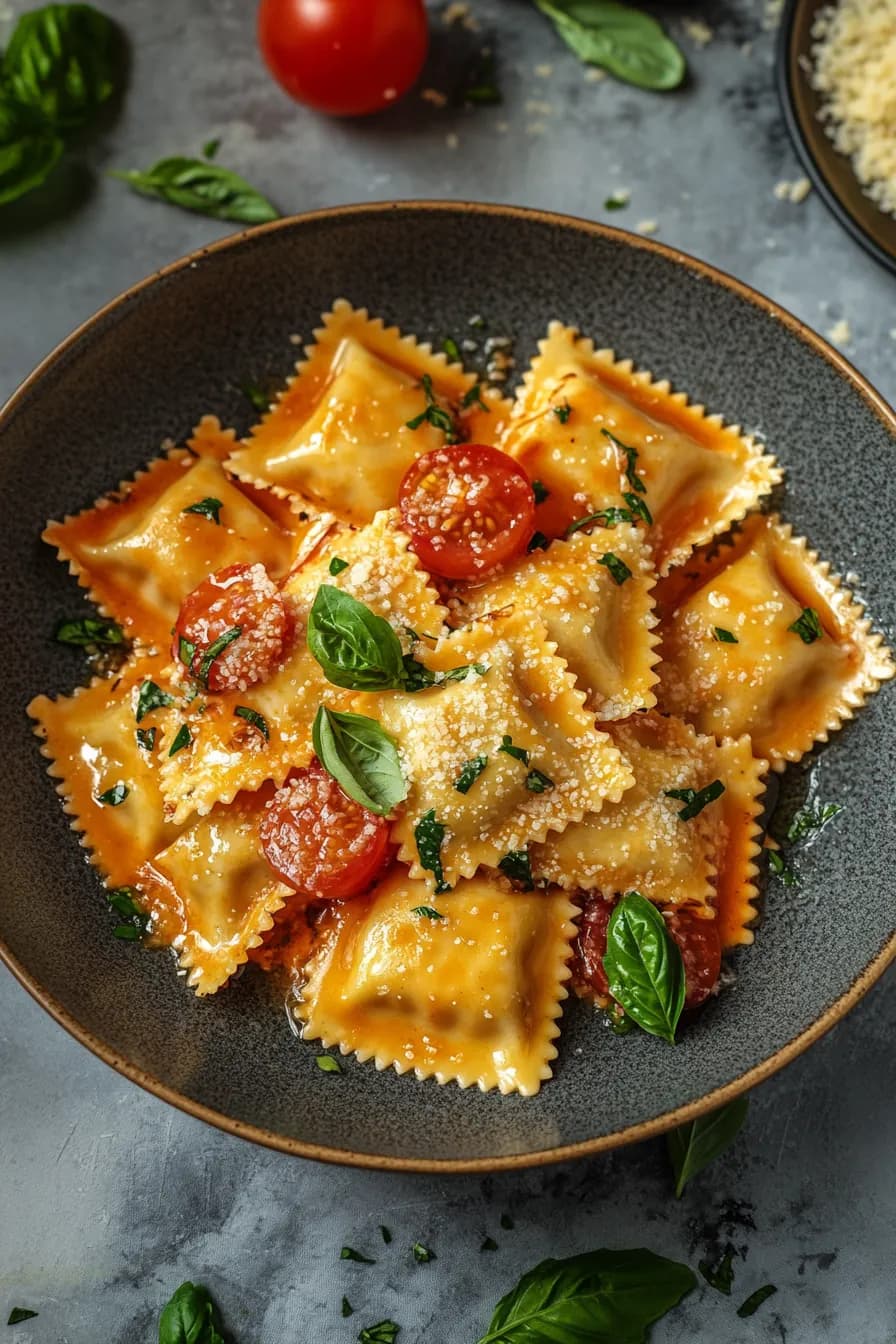 Handmade ravioli on a rustic wooden board sprinkled with flour.