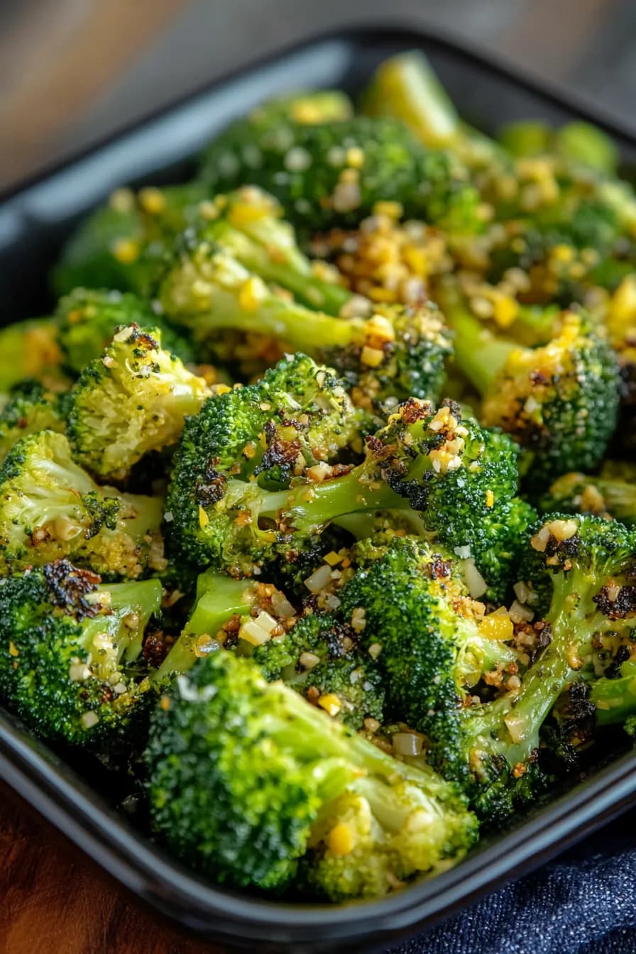 Golden roasted broccoli florets glistening with a lemon garlic dressing on a rustic platter.