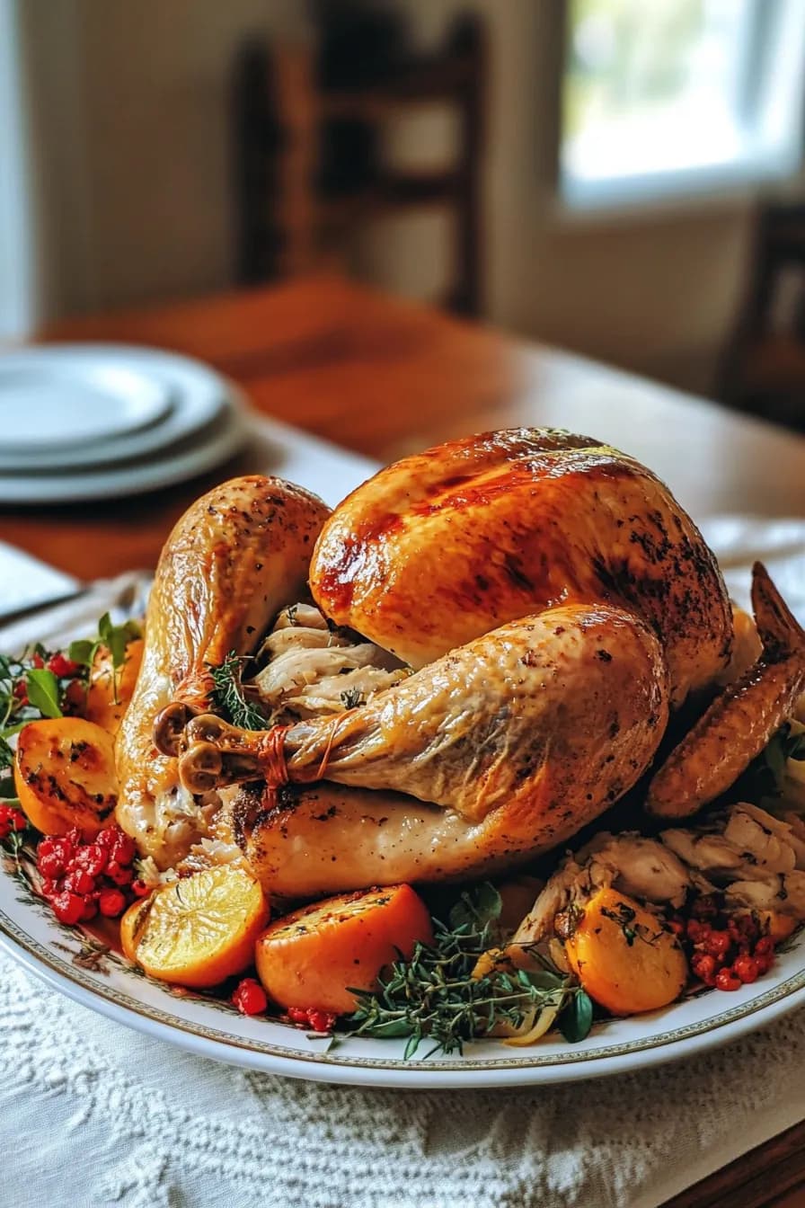Golden brown turkey roasted to perfection in a roaster, surrounded by herbs and vegetables.