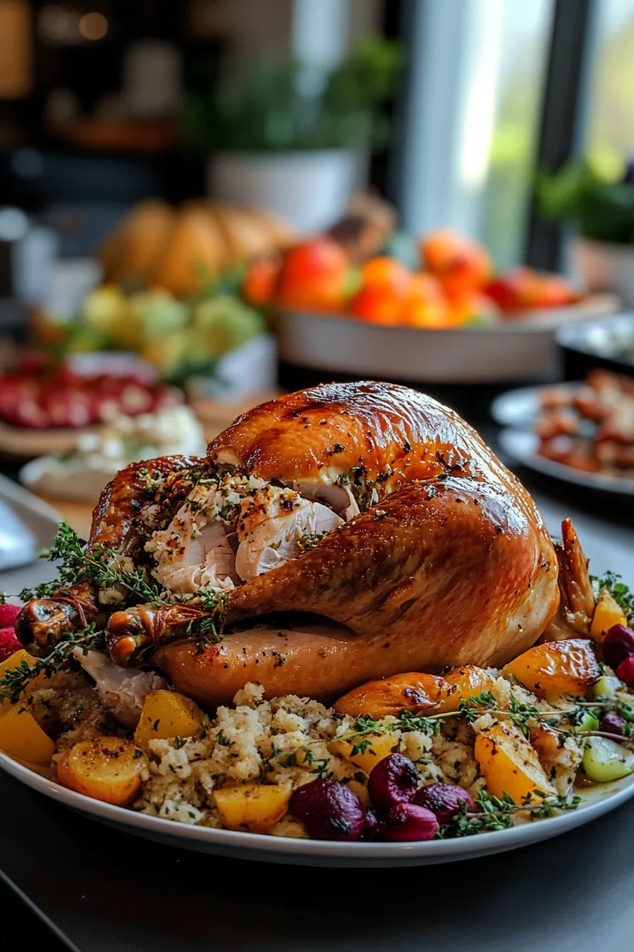 Golden roasted turkey with crispy skin, surrounded by herbs and vegetables.