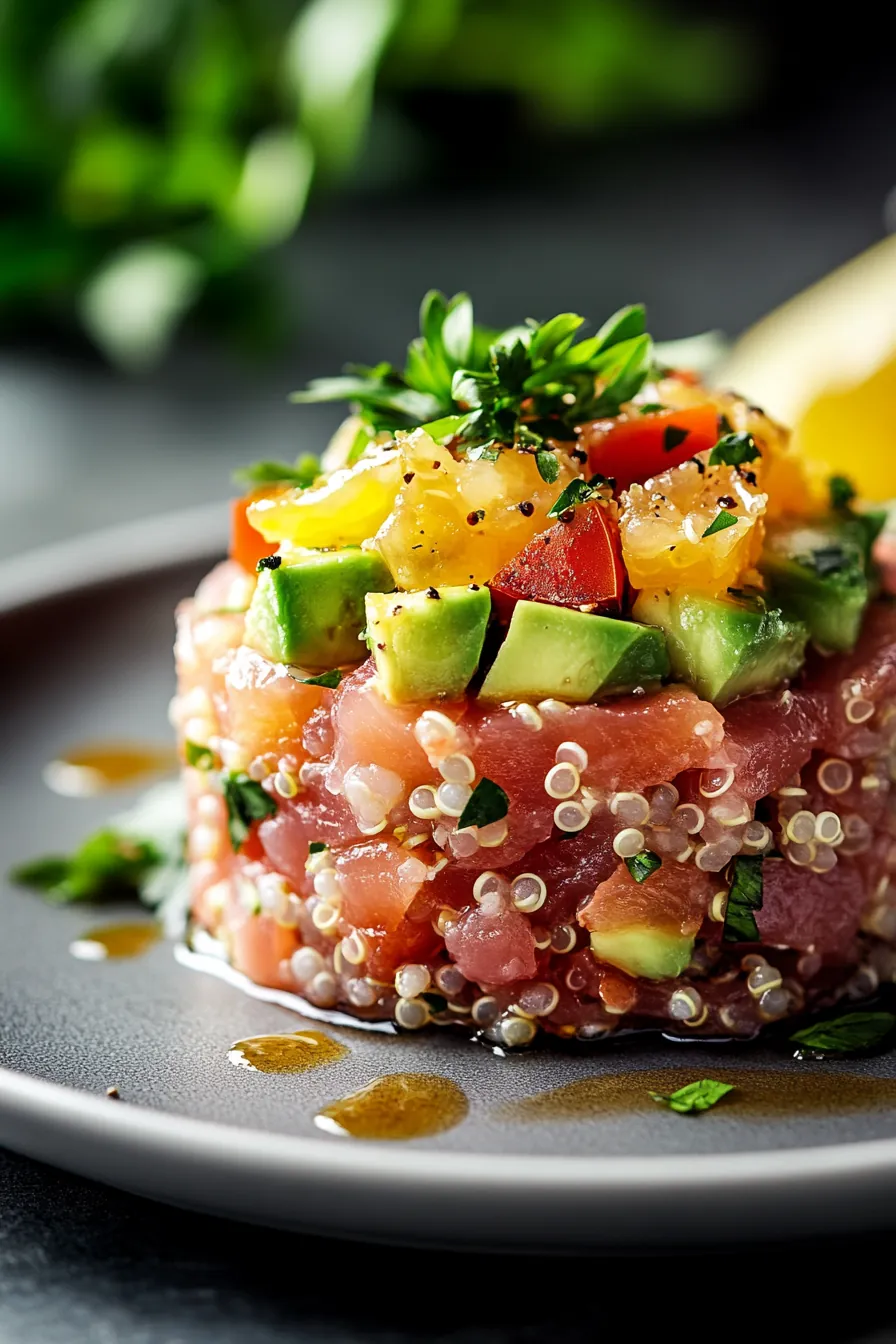 A vibrant plate of citrus-infused tuna tartare accompanied by avocado slices and a bed of fluffy quinoa.