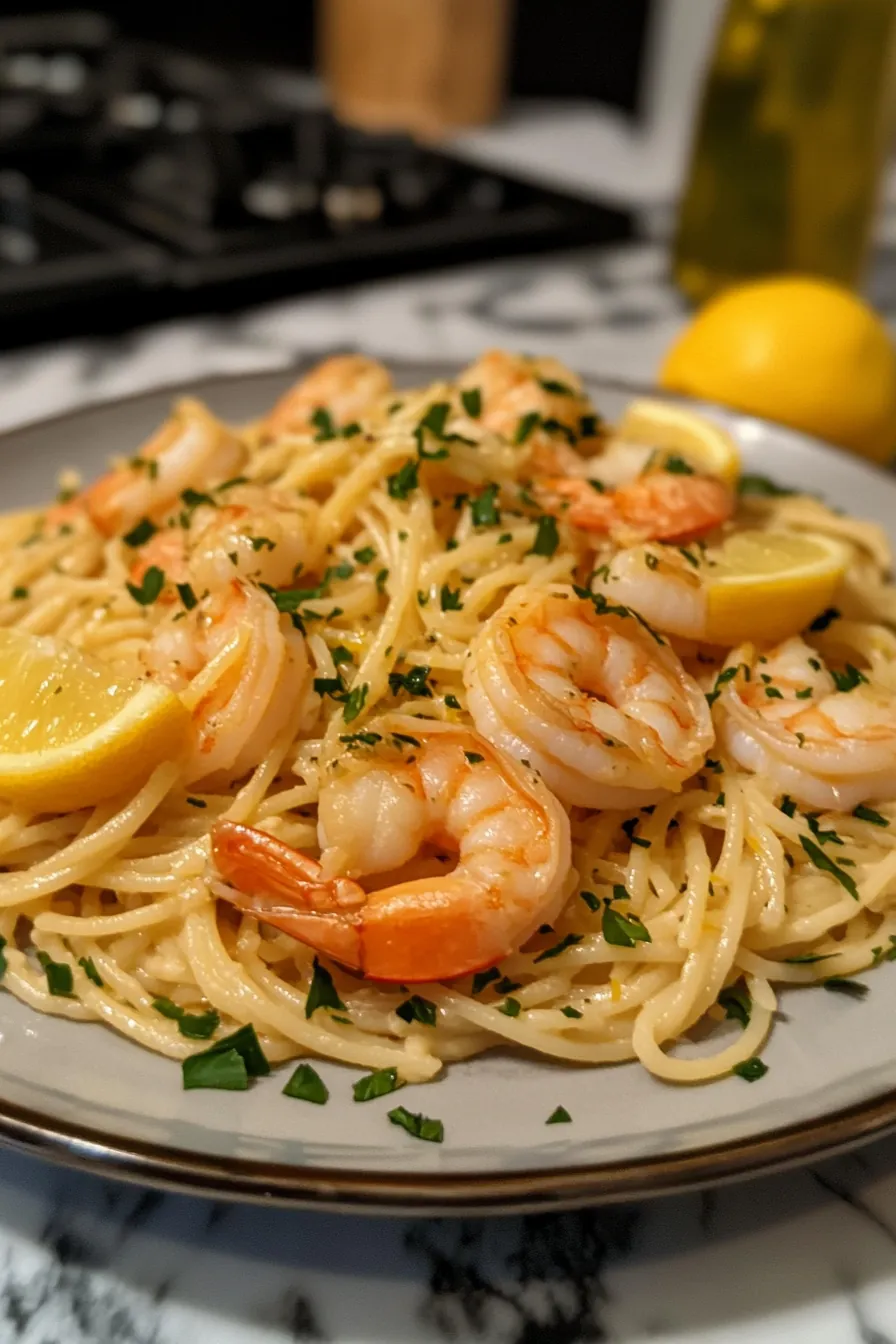 Garlic shrimp pasta with lemon zest and fresh parsley in a rustic bowl.