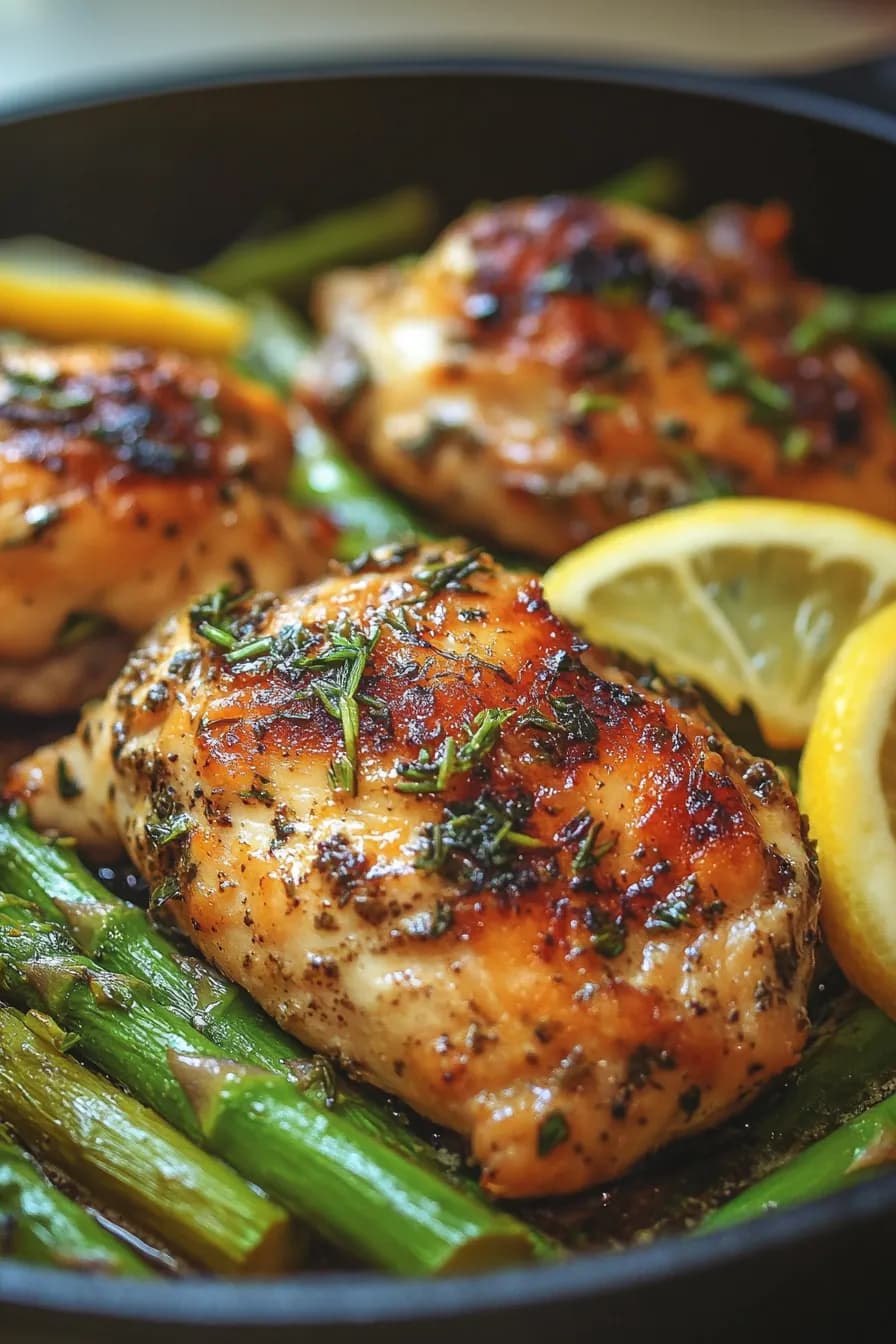 Pan-seared lemon herb chicken with vibrant asparagus spears.