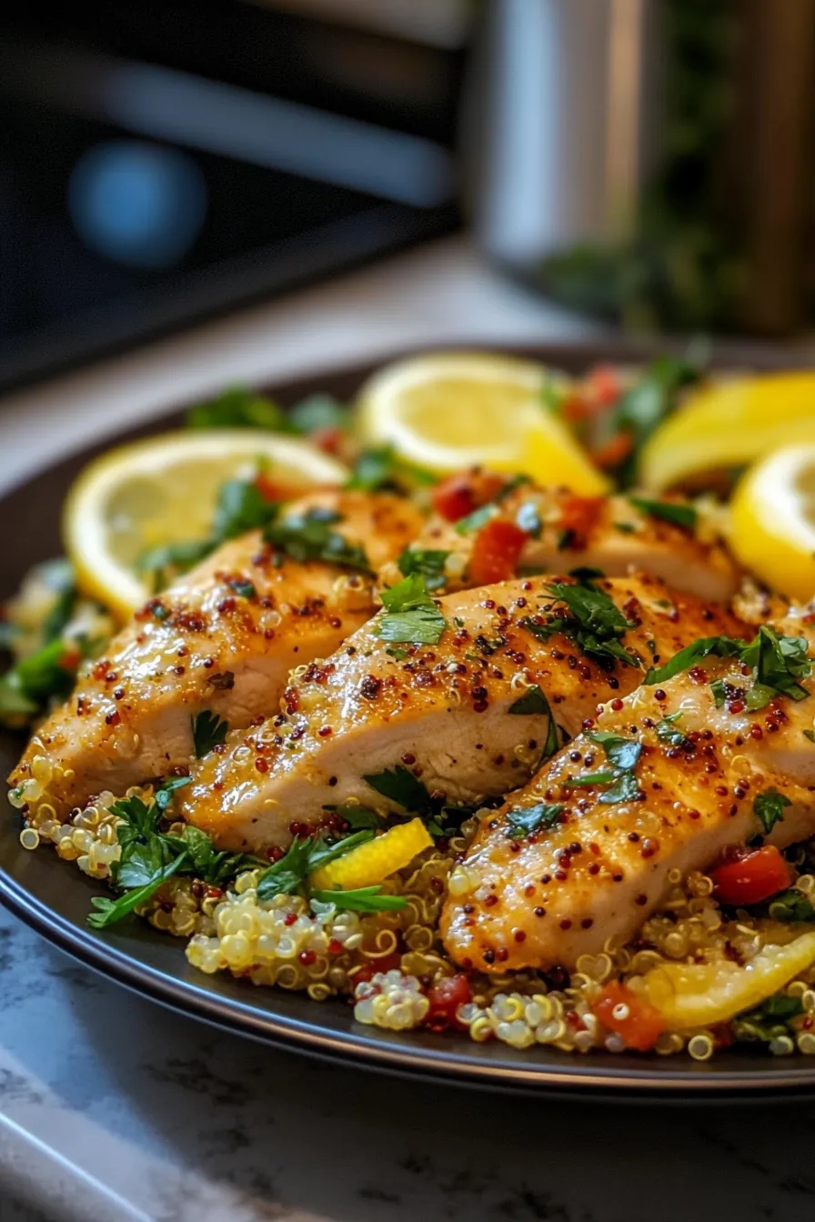 Grilled lemon herb chicken served with a colorful quinoa salad.