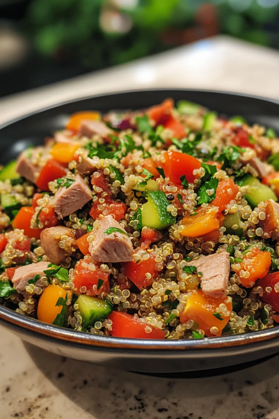 Vibrant quinoa and tuna salad with fresh vegetables and a lemon vinaigrette.