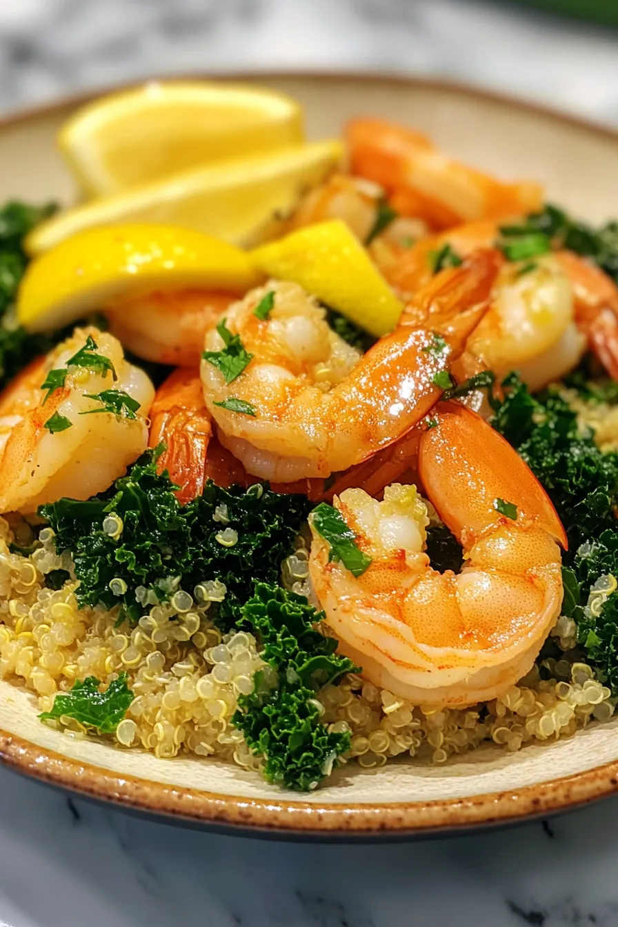 Juicy lemon-garlic shrimp atop a bed of fluffy quinoa and vibrant kale in a white ceramic dish.