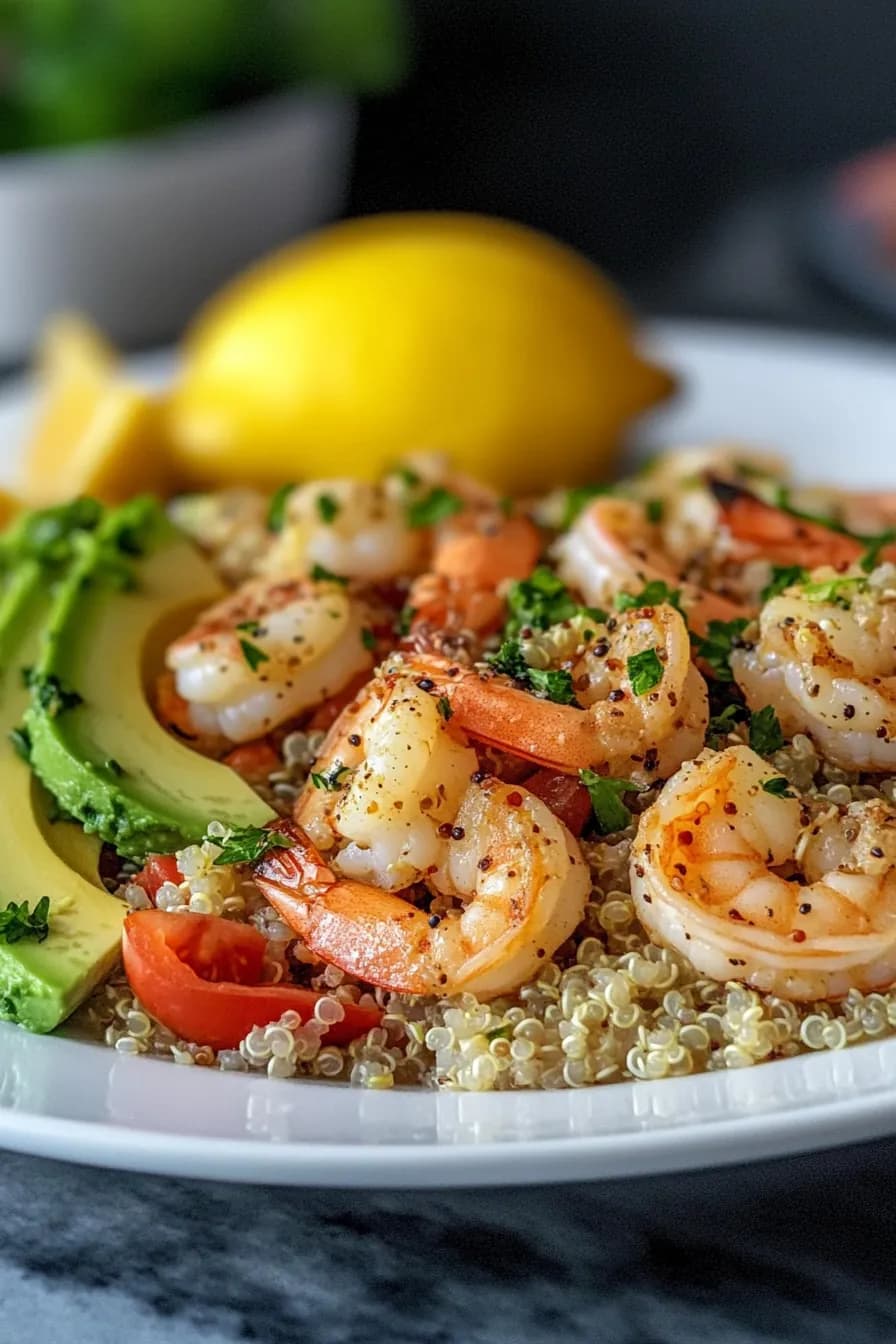 A colorful plate of lemon herb shrimp served with quinoa and avocado, garnished with fresh parsley.