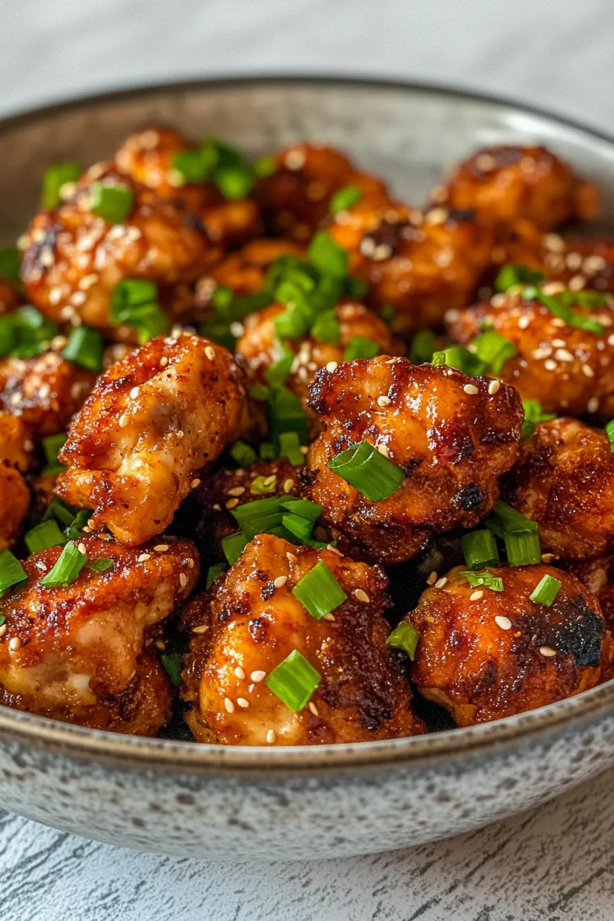 Golden brown air fryer miso chicken bites served on a white platter, garnished with fresh green onions and sesame seeds, capturing the perfect crispiness and glaze. card