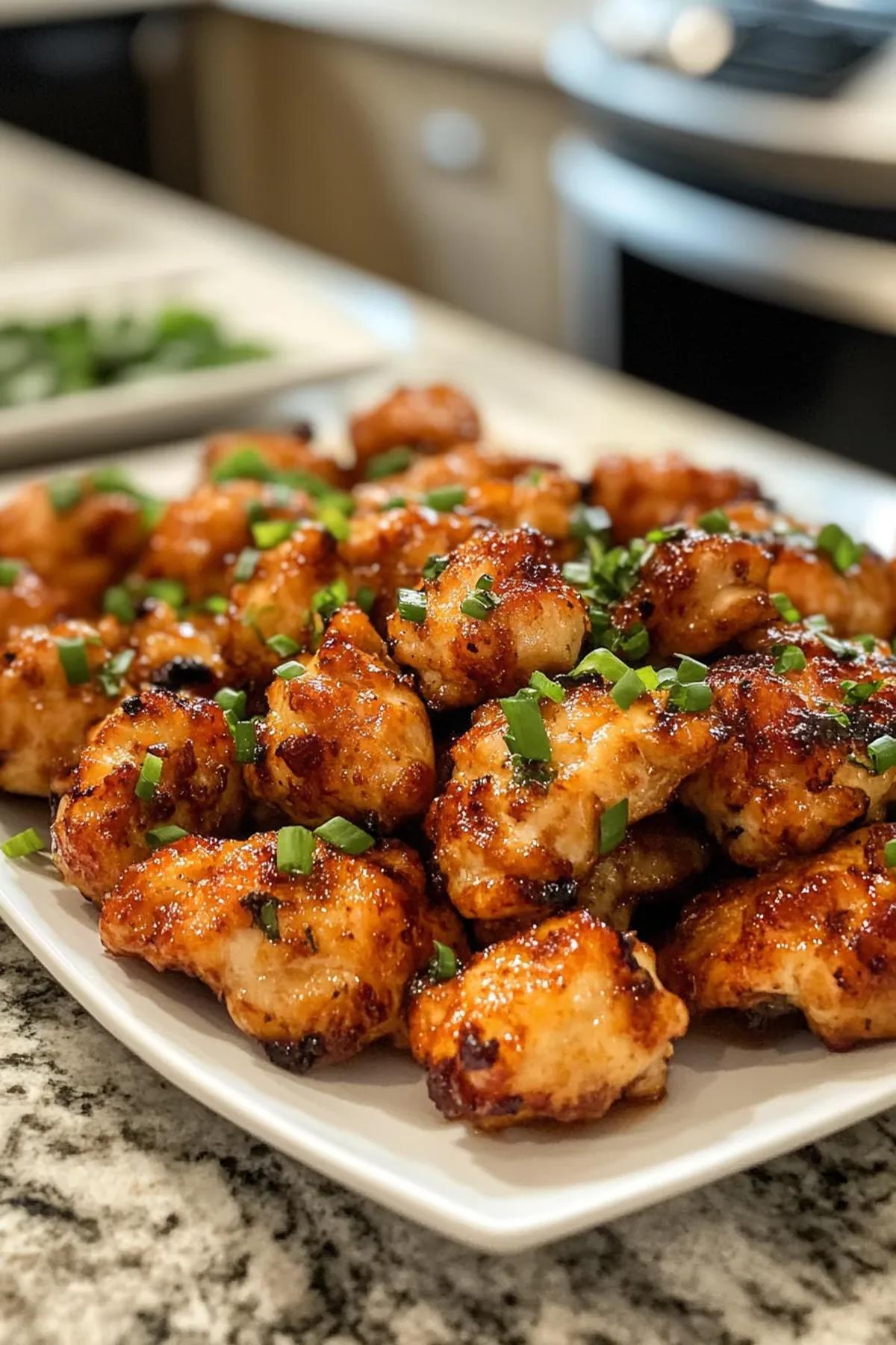 Golden brown air fryer miso chicken bites served on a white platter, garnished with fresh green onions and sesame seeds, capturing the perfect crispiness and glaze.