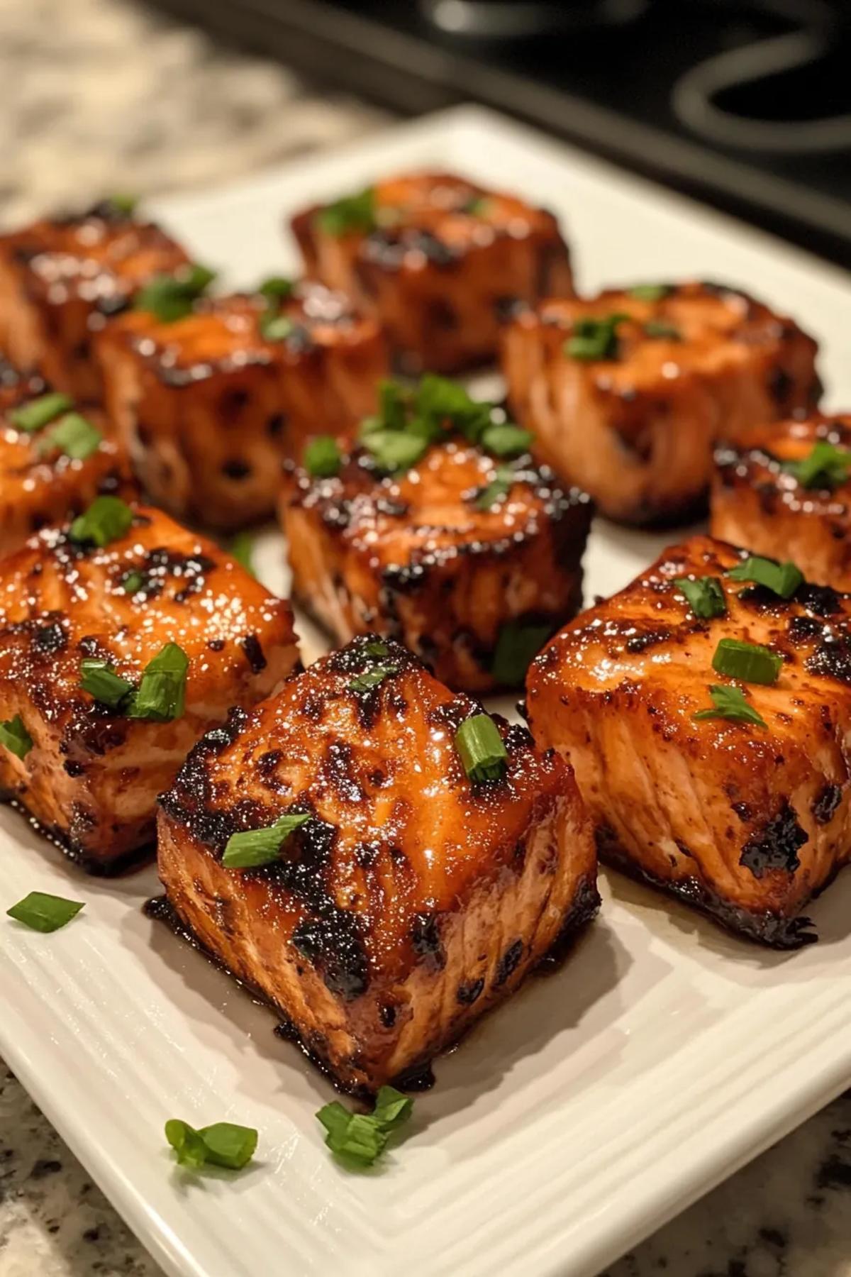 Crispy air fryer miso glazed salmon bites arranged on a white platter, drizzled with a golden miso glaze and garnished with sliced green onions and sesame seeds. card