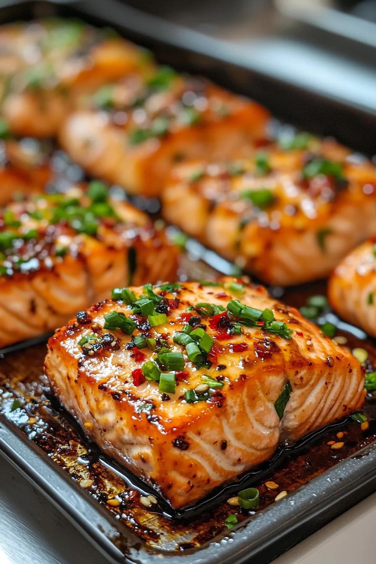 Crispy air fryer miso glazed salmon bites arranged on a white platter, drizzled with a golden miso glaze and garnished with sliced green onions and sesame seeds.