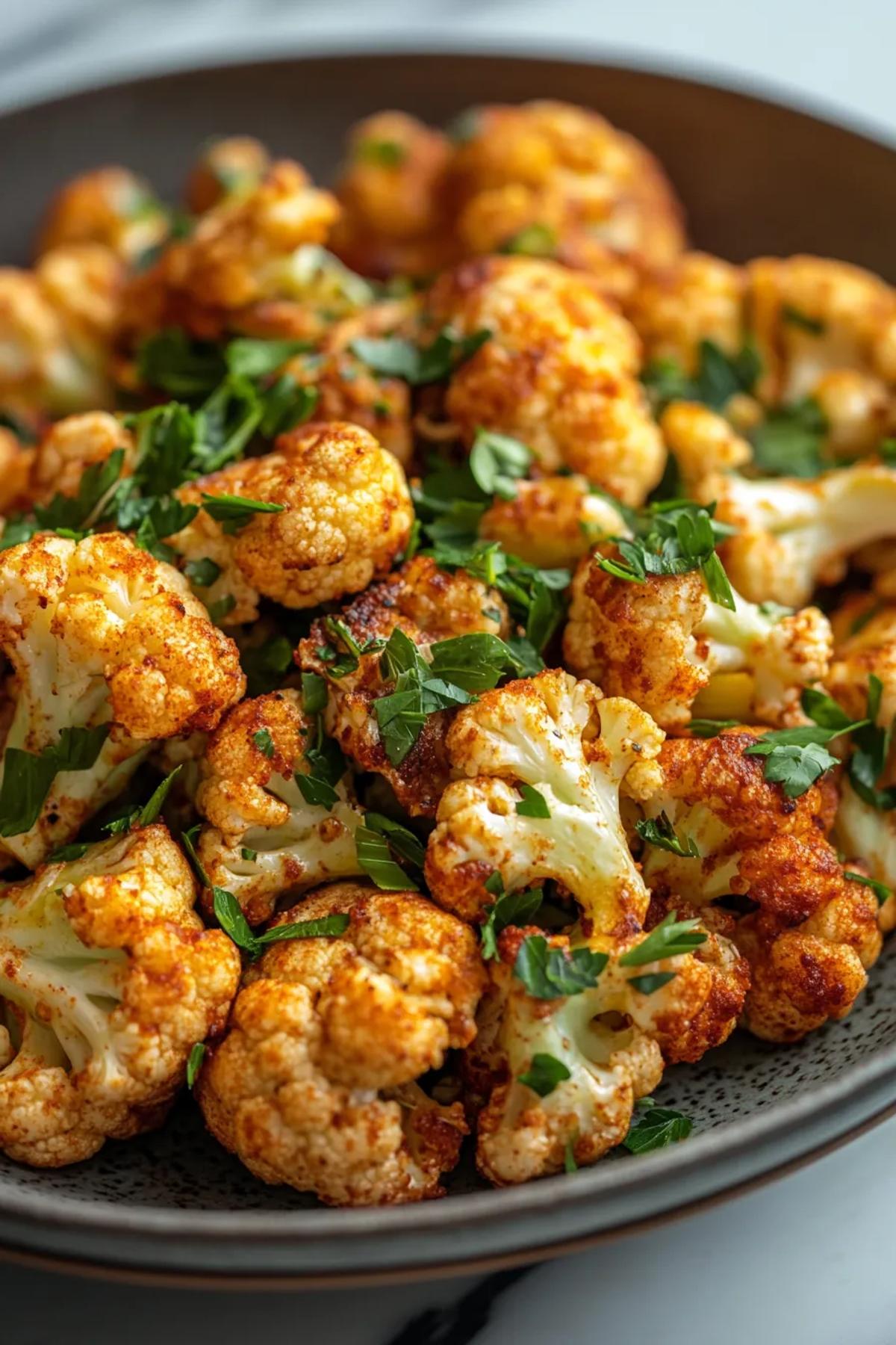 Golden roasted cauliflower florets garnished with fresh herbs and lemon zest. card