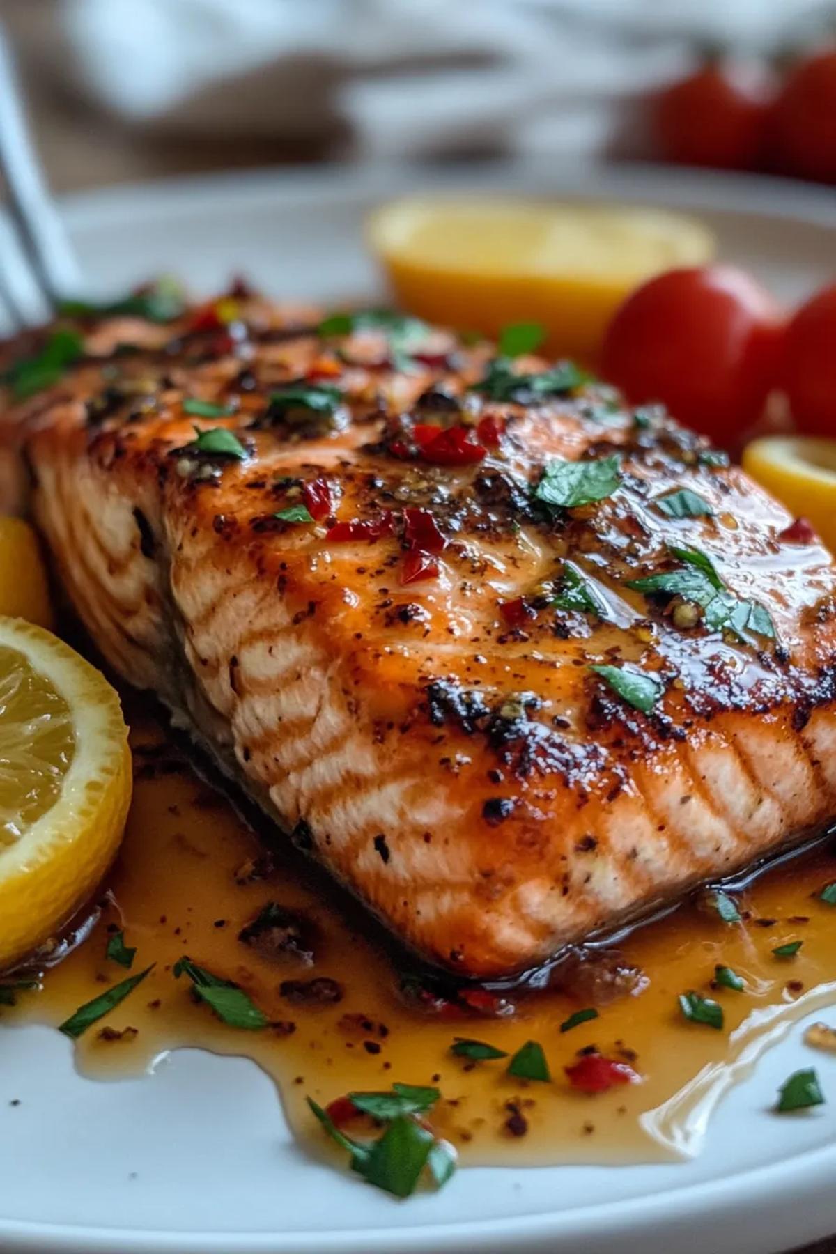Grilled salmon fillets with a citrus glaze, garnished with fresh herbs and lemon slices. card