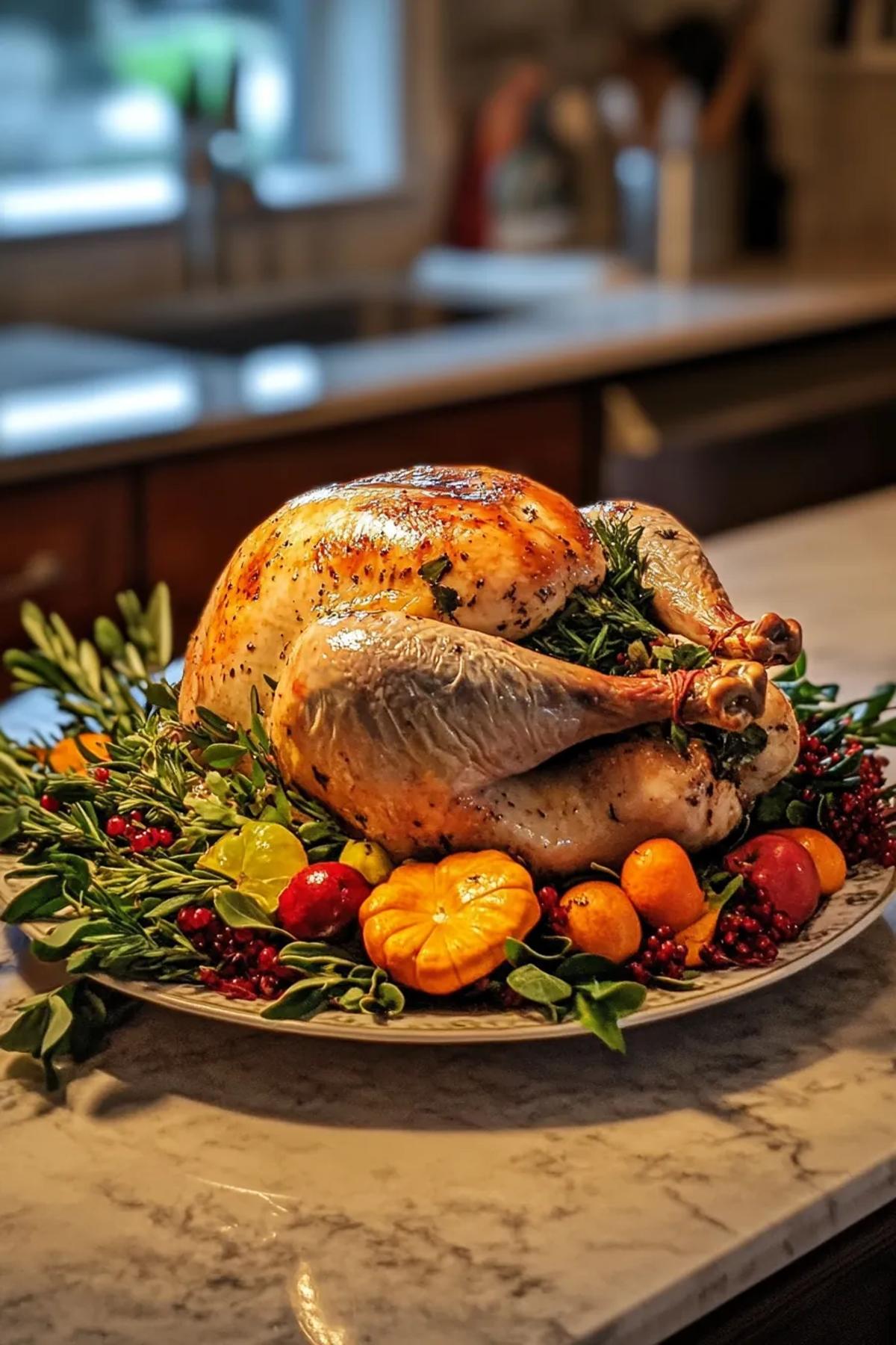 Golden brown roasted turkey with herbs and vegetables, perfectly cooked. card