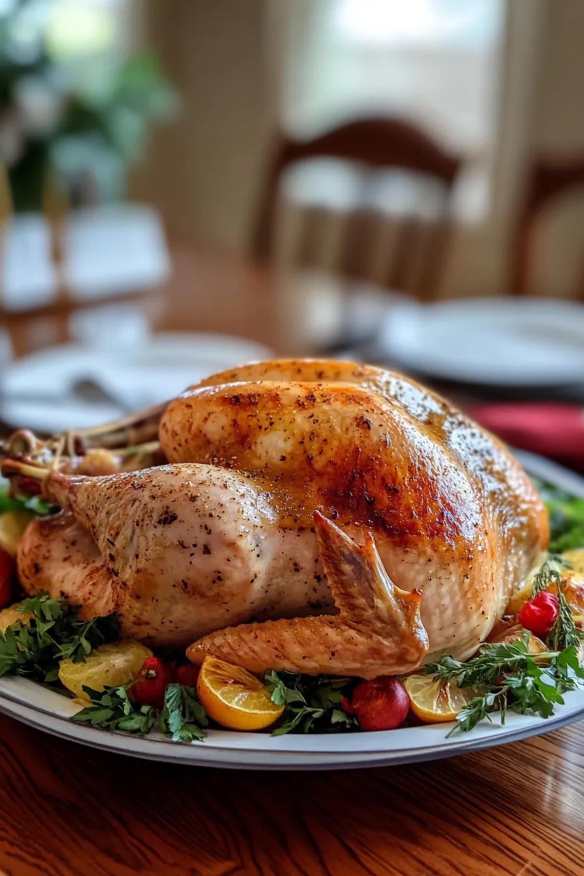 Golden roasted turkey served on a wooden platter with fresh herbs. card