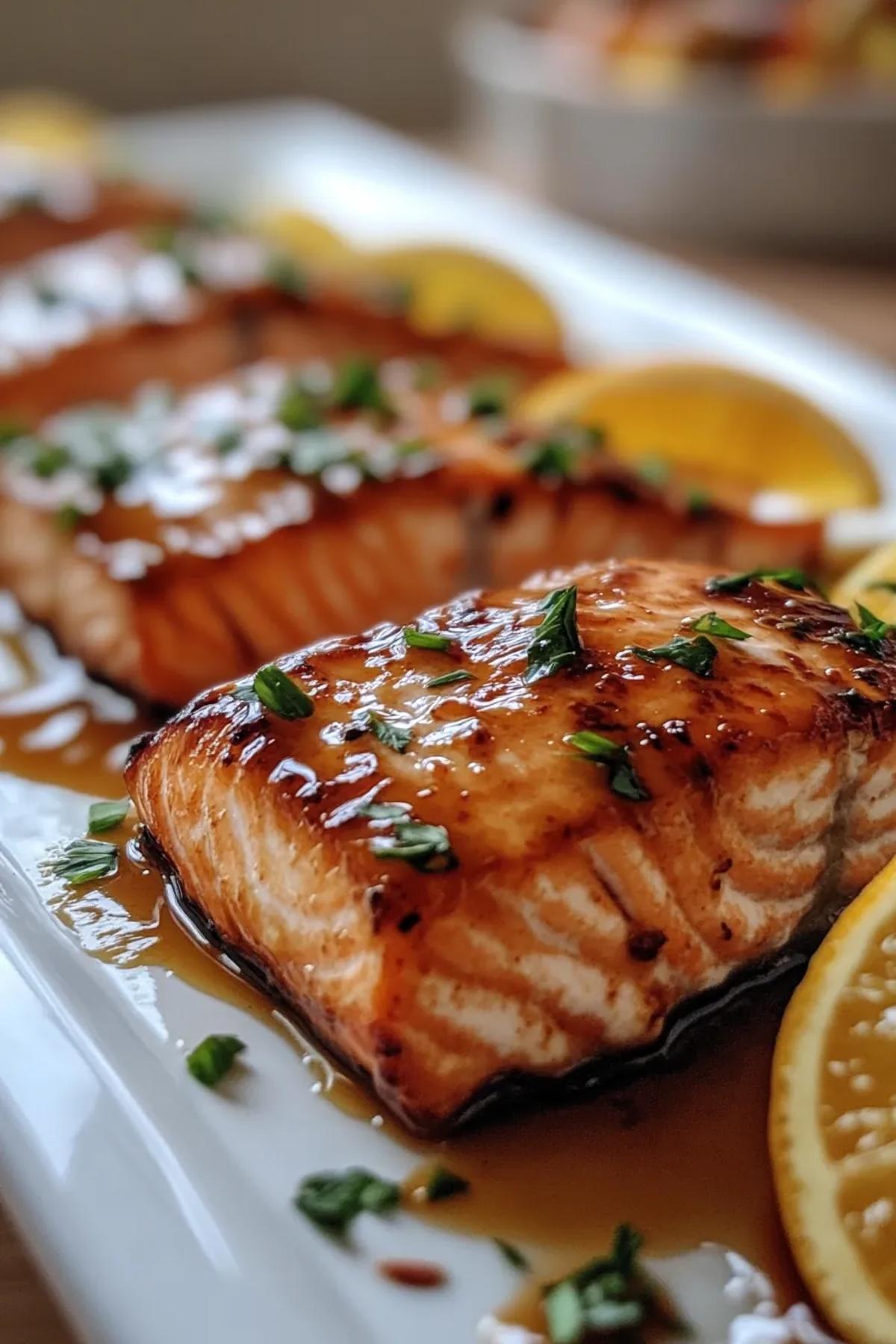A perfectly glazed salmon fillet with caramelized brown sugar and citrus zest, garnished with fresh herbs, served on a white plate. card