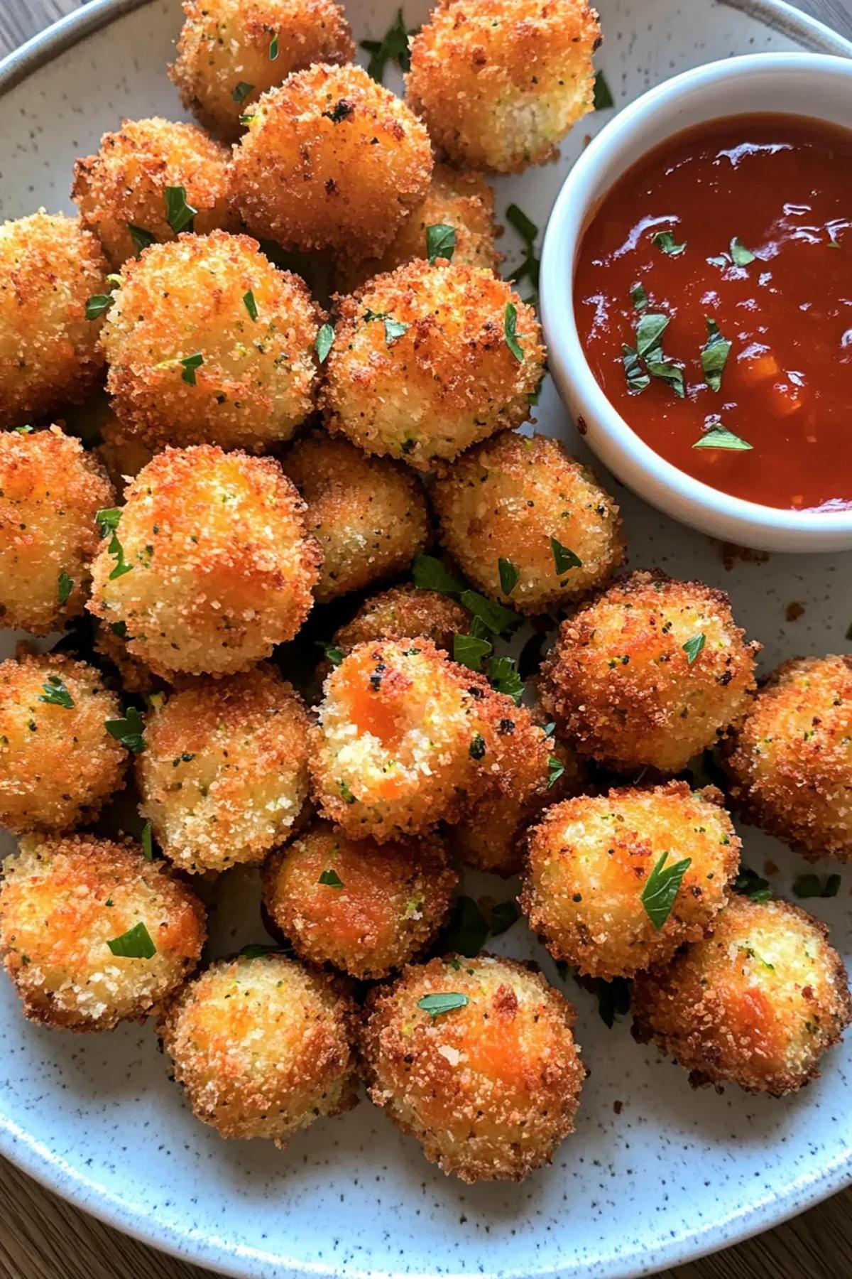 Golden brown cheesy broccoli bites garnished with fresh parsley on a wooden serving board. card
