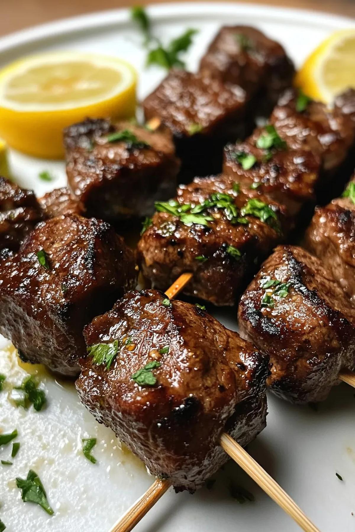 Juicy citrus-glazed beef skewers on a bed of fresh greens. card