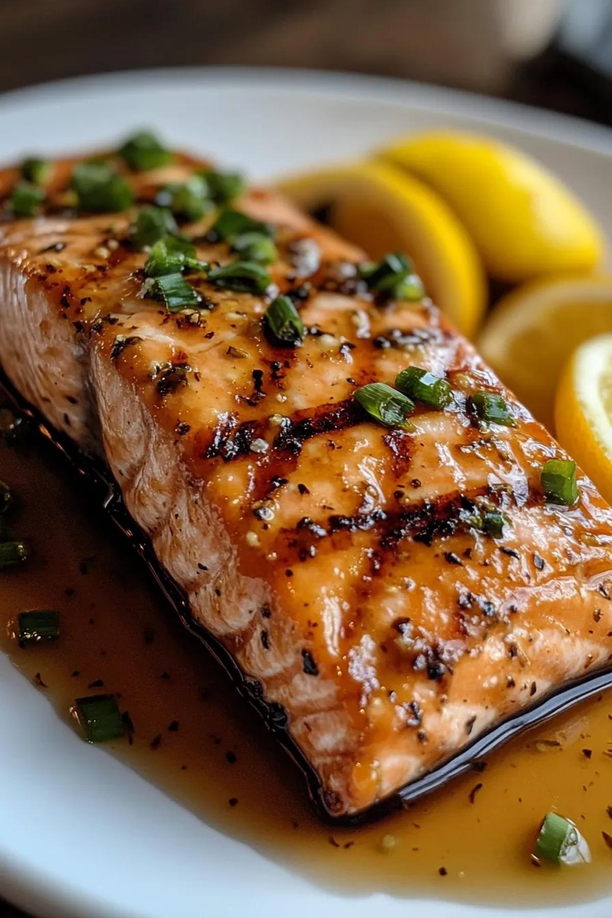 Perfectly seared salmon fillet glazed with a citrus sauce, garnished with fresh herbs. card