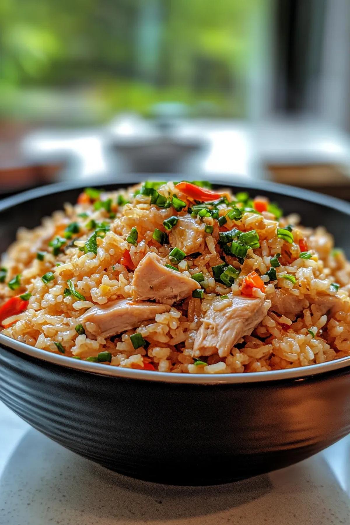 A vibrant dish of one pot tuna rice with colorful vegetables in a rustic pan. card